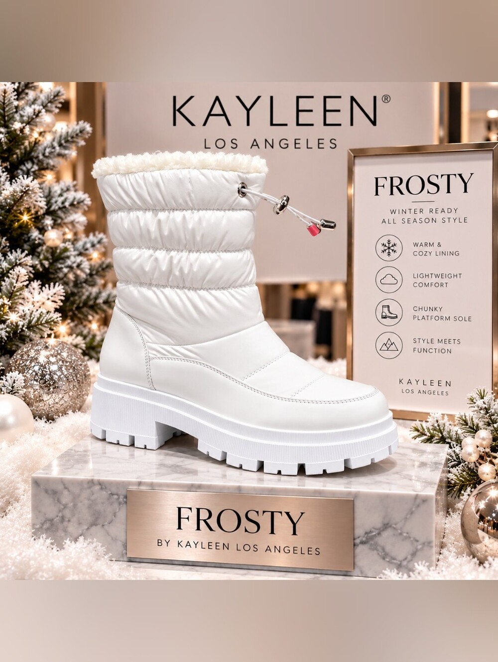 Kayleen of Los Angeles “FROSTY” White Water-Resistant Winter Boots-NIB